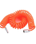Top Shelf Pu Spring Air Hose For Air Compressor With Swivel Couplers And Anti Twist Design Hella Durable Grease Resistant Pneumatic Telescopic Pipe Built Like A Tank For Shop And Auto Repair, bright orange coiled design with swivel couplers.