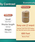 Comparison of Natural Jute Twine 2mm Thick 600 Feet with smaller 328 Feet spool, highlighting two-way pull feature and eco-friendliness.