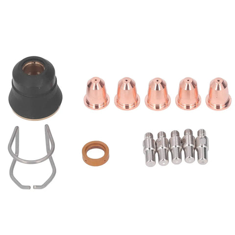 13 Piece Plasma Cutter Torch Consumables Kit For S45 with electrodes, nozzles, tips, spacers, guide, gas diffuser replacement parts.