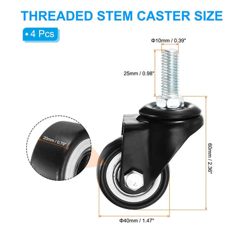 1.5 Inch Stem Casters 4 Pack Pu Swivel Wheels With M10 Threaded Stems And 360 Degree Rotation Heavy Duty Rolling Cart Casters No Stress Setup For Quick Furniture Replacement In Black - Size diagram showing measurements.