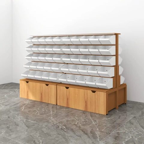 Heavy Duty Five Tier Steel Shelving Unit With Warm Wood Finish Double Sided Storage Rack featuring white bins and storage drawers.