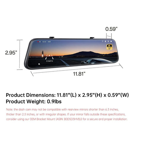 4K Front Dash Cam With 1080P Rear, 12-Inch Mirror Cam with dimensions 11.81 x 2.95 inches, touch screen display shown.