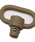 Badass Two Pack Heavy Duty Push Button QD Sling Swivels In Tan Built From Military Grade Steel With A One Point Two Five Inch Loop For Rock Solid Quick Release Gun Gear - close-up view of one swivel.