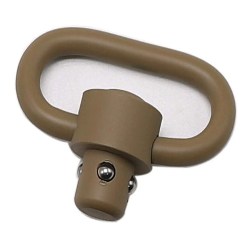 Badass Two Pack Heavy Duty Push Button QD Sling Swivels In Tan Built From Military Grade Steel With A One Point Two Five Inch Loop For Rock Solid Quick Release Gun Gear - close-up view of one swivel.