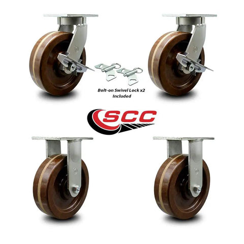 Eight Inch Phenolic Caster Set Extra Heavy Duty Top Plate industrial grade wheels with locking mechanism for heavy loads.