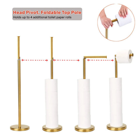 Freestanding Toilet Paper Holder Stand With Reserve For Four Spare Rolls, Sturdy Base, Stainless Steel Construction With Brushed Nickel Finish, No-Fuss Rustproof Bathroom Tissue Roll Storage Shelf showcasing foldable pole design.