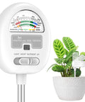 4 In 1 Soil Tester Meter For Gardening And Lawn Care, Checks Moisture, Light, Nutrients, And pH With No Batteries Required, shown next to a potted plant.