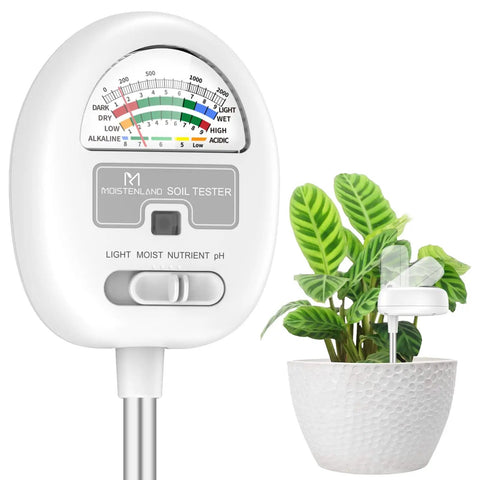 4 In 1 Soil Tester Meter For Gardening And Lawn Care, Checks Moisture, Light, Nutrients, And pH With No Batteries Required, shown next to a potted plant.