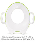 No Fuss Toddler Potty Training Seat With Rock Solid Non Slip Base Secure Handgrips And Quick Wipe Plastic Body For Smooth Potty Learning Journey In Bright Green, front view with dimensions.