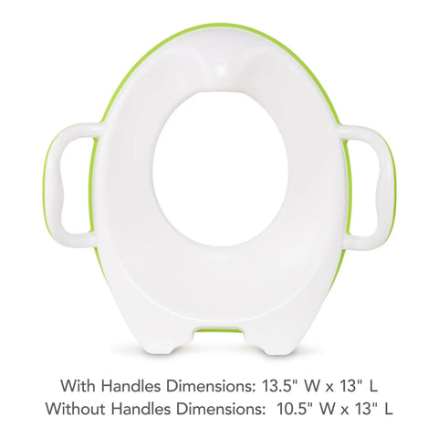 No Fuss Toddler Potty Training Seat With Rock Solid Non Slip Base Secure Handgrips And Quick Wipe Plastic Body For Smooth Potty Learning Journey In Bright Green, front view with dimensions.
