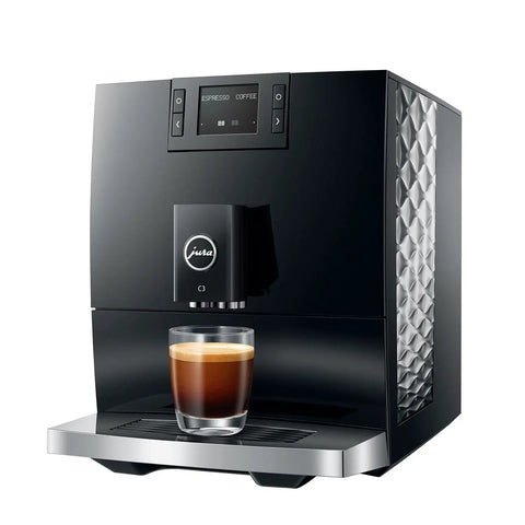 Top Shelf Automatic Coffee Machine In Sleek Piano Black Featuring Fresh Aroma Grinder PEP Brew Tech Dual Cup Options And Killer Crema Straight From Your Counter Setup with brewed espresso.