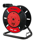Open Cord Reel With Four Grounded Outlets, heavy duty portable hand crank power cord roller organizer in black and red, pro grade