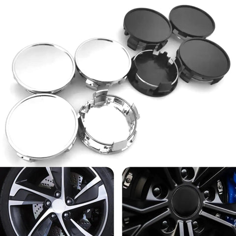Fresh Ride Upgrade Snap In Wheel Center Caps 4 Piece Set Heavy Duty Abs Rim Hub Covers Universal Car Mod 2.36 Inch Silver shown in various angles.