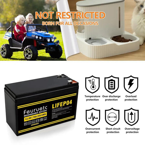 Powerful 12V LiFePO4 Battery With Built-In BMS, 7Ah Deep Cycle, used in ride-on toys and pet feeder applications