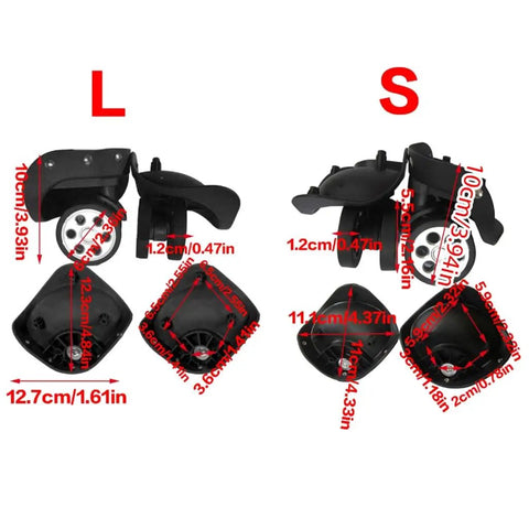 Thinking Process: black suitcase replacement wheel set, L and S sizes, with mounting plate measurements shown