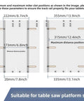 Crosscut Sled For Table Saw With Adjustable Track Aluminum Fence shows minimum and maximum miter slot positions dimensions