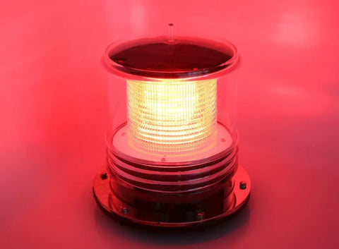 Solar Dock Warning Light with 360 Degree Red LED, Waterproof, showing red illumination in a cylindrical heavy duty ABS casing.