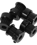 Grab This Awesome 5 Pcs GT2 Timing Belt Pulley Kit With 5mm Bore And 6mm Width Perfect For Fast DIY Builds And 3D Printer Upgrades In Aluminum Alloy., five black GT2 timing belt pulleys with 5mm bore and set screws