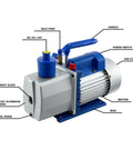 Pro Grade Hvac Vacuum Pump With Dual Mufflers For Whisper Quiet Operation And Slick 304 Stainless Steel Body Built For Hardcore Crews Demanding Rock Solid Performance On Every Job Site side view showing features including sight glass and inlet port.