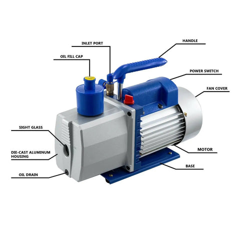 Pro Grade Hvac Vacuum Pump With Dual Mufflers For Whisper Quiet Operation And Slick 304 Stainless Steel Body Built For Hardcore Crews Demanding Rock Solid Performance On Every Job Site side view showing features including sight glass and inlet port.