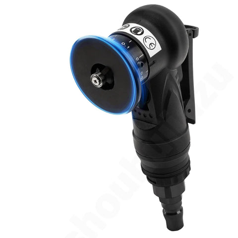 Mini pneumatic chamfering tool with blue wheel and black handheld body for tile beveling