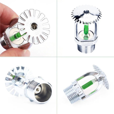 Built Tough Pendent Fire Sprinkler Head 93 Degree Activation One Half Inch Solid Copper Construction Five Pack showing chrome design and green bulb.