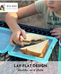 Child using SoftShell Reusable Silicone Food Storage Container With Connected Clamshell Lid Snap Closure Keeps Lids Attached No Lid Drama Leak Resistant for sandwich