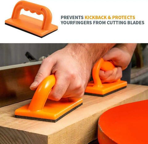 Person using Deluxe Featherboard Safety Kit With Long And Short Hold Down Push Blocks on a table saw for precise feed control