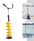 Heavy Duty Ice Fishing Drill Auger, 8 Inch Gas Powered With Extension Rod, Replaceable Blade, shown on ice surface with landscape view.
