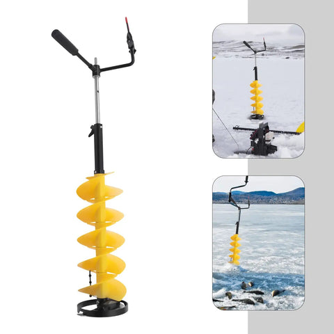 Heavy Duty Ice Fishing Drill Auger, 8 Inch Gas Powered With Extension Rod, Replaceable Blade, shown on ice surface with landscape view.