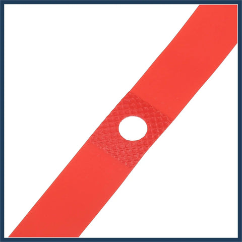Close-up of red PVC rim tape pair for 700C 27 inch bike wheels, heavy duty rim strip liner with hole for valve, protects inner tubes.
