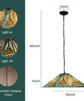 Green 16 Inch Tiffany Style Pendant Light Fixture With Two Lights, Mission Stained Glass Hanging Lamp, dimensions and chain.