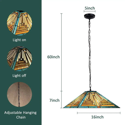 Green 16 Inch Tiffany Style Pendant Light Fixture With Two Lights, Mission Stained Glass Hanging Lamp, dimensions and chain.