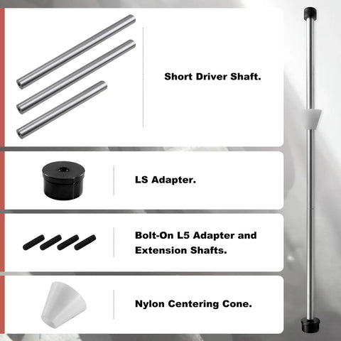 Chevy LS Cam Bearing Installation And Removal Tool for LS1 LS2 LS3 LS6 LQ9 Engines with driver shafts, adapter and nylon cone.