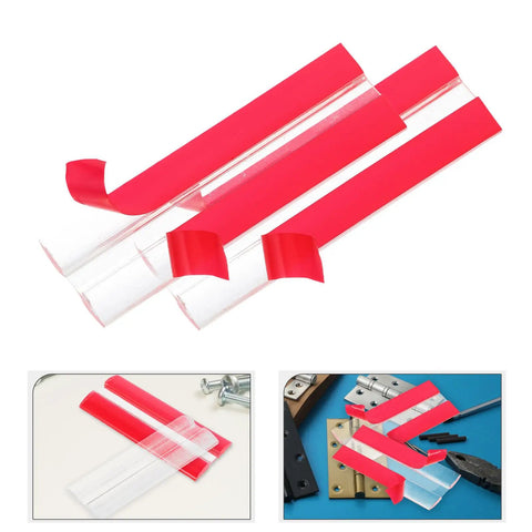 Self Adhesive Acrylic Cabinet And Window Hinges With Adjustable Angles 4 Pack Transparent Piano Hinges close-up with red protective tape