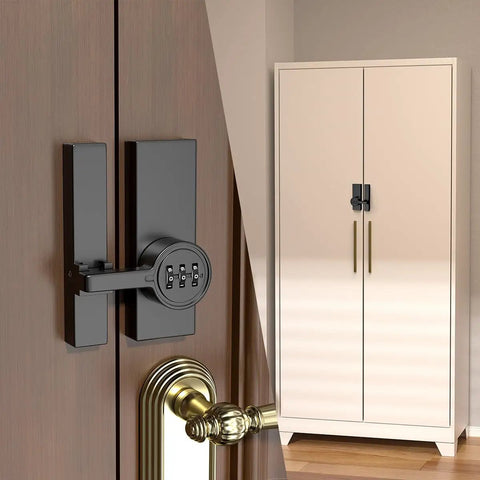 180 Degree Barn Door Lock With 3 Digit Keyless Password installed on a wooden cabinet, mechanical lock with flip latch combo.