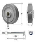 5 Inch Non Marking Rubber Caster Wheels With 3/8 Inch Bore Axle Heavy Duty Cart Rollers rugged build showing dimensions and hardware