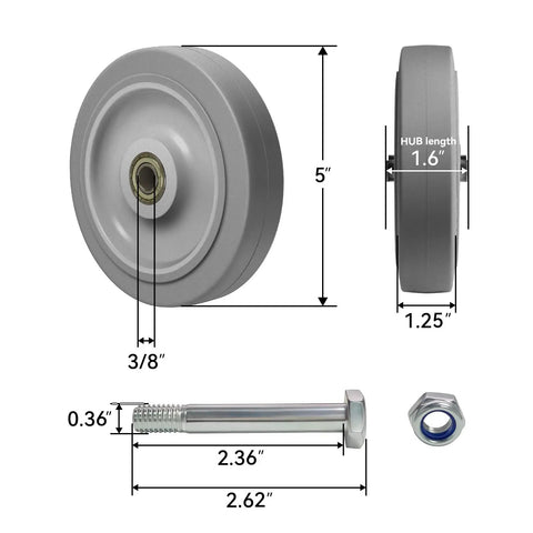 5 Inch Non Marking Rubber Caster Wheels With 3/8 Inch Bore Axle Heavy Duty Cart Rollers rugged build showing dimensions and hardware