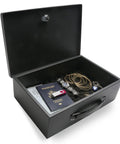 Compact Home Safe Box With Fire Resistant Insulation And Dual Key Lock Heavy Duty Steel Stash Safe for jewelry and documents open view
