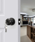 Oil Rubbed Bronze Exterior Door Knob With Lock And Key, Keyed Entry, One Pack With Keyed Alike, installed on white door