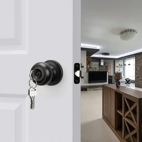 Oil Rubbed Bronze Exterior Door Knob With Lock And Key, Keyed Entry, One Pack With Keyed Alike, installed on white door