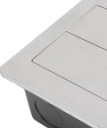 Slick Recessed Floor Power Box Featuring Double Electric Receptacles With Smooth Sliding Cover For Modern Homes with stainless steel top.