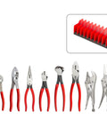 Gripping Cutting And Locking Pliers Set With Rack 10 Piece Hand Tool Kit For Home Shop And Garage, featuring pliers and red rack.