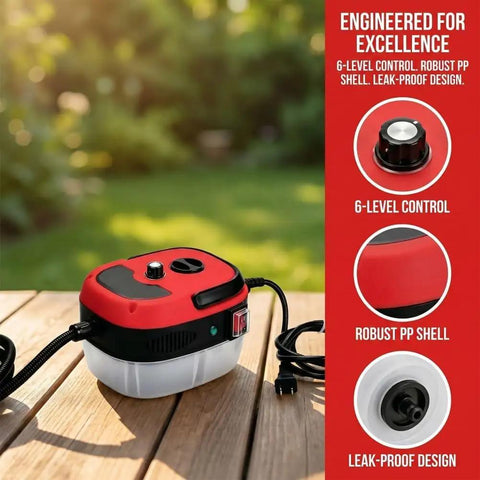 No Sweat Heavy Duty 2500W High Pressure Steam Cleaner For Car Engine Detailing And House Chores With Six Adjustable Heat Levels Portable, featuring 6-level control and leak-proof design.