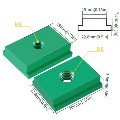 Beefy 10 Pack T Track Nuts M6 And M8 T Slot Sliders For 30mm Aluminum Extrusion Profiles showing green slider dimensions and details.