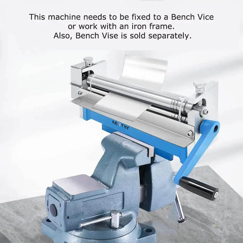 Heavy Duty 12.6 Inch Slip Roll Bending Machine with removable rollers in a metal vise for metal plates work with stainless steel and aluminum.