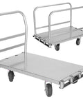 Heavy Duty Steel Platform Truck With Four Swivel Casters And Triple Handles Holding Up To 2500 Lbs, viewed from two angles showing sturdy design.