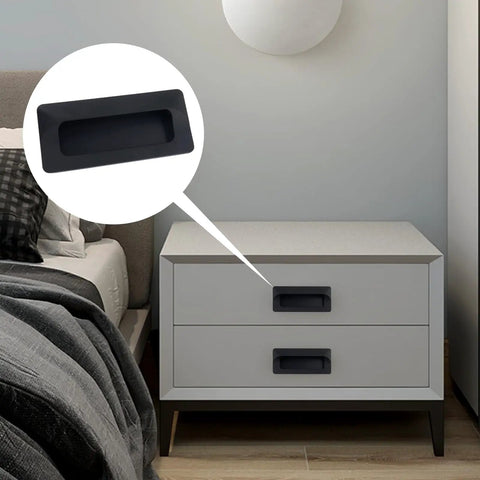 Two Pack Slick Concealed Flush Pull Handles For Cabinets And Sliding Doors, shown on a bedside table, silver finish, smooth round corner
