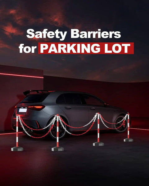 Two Pack Traffic Delineator Cones With Fillable Base For Pro Grade Heavy Duty Parking Lot Safety, Expandable Eight Foot Plastic Chain Barrier, Red And White Delineators For Quick Visible Traffic Guidance And Easy Setup shown in parking lot.
