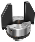 Front view of a 2-inch, two-jaw pen drilling lathe chuck with 1-inch x 8TPI thread and metal body
